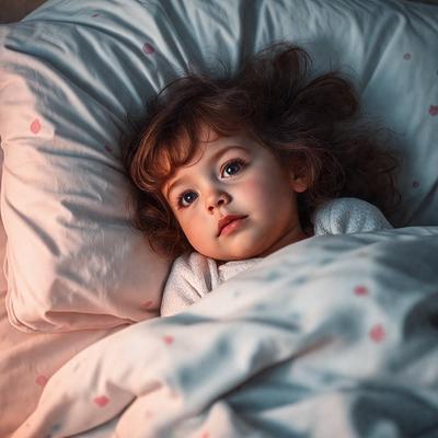 The primary subject of the image is a young girl lying in bed. She is wearing a white shirt and appears to be sleeping. The setting is a bedroom, with a bed visible in the scene. The visual style is a close-up of the girl, capturing her peaceful and restful moment. The colors in the image are predominantly white, which adds to the calm and serene atmosphere.